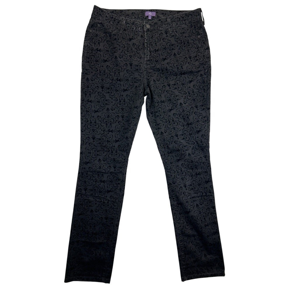 NYDJ Pants‎ Womens 12 Black Velvet Flocked Slim Straight USA